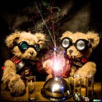 teddy bears mixing sparkling chemicals as mad scientists in a steampunk style