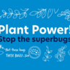 Plant Power! Stop the superbugs. Not these bugs, THESE BUGS! (with arrow pointing to bacteria icon)